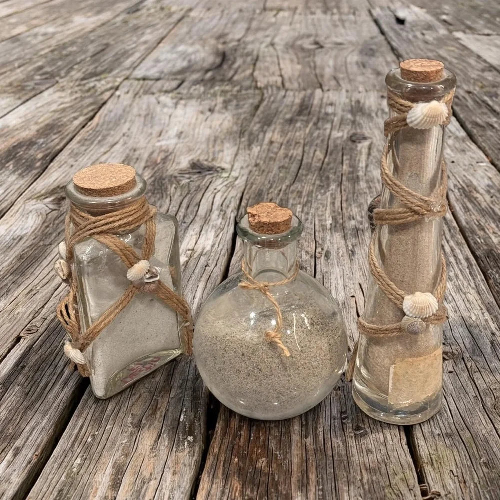3pc Sand filled Glass seashell Bottle Set with Cork and Twine
